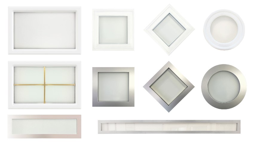 Les modèles de vitrages rectangulaires, carrés, losanges, ronds et panoramiques avec vitrage dépoli, stadip pour portes de garage sectionnelles